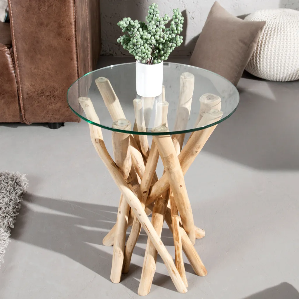 Design Beistelltisch DRIFTWOOD 40cm Teakholz mit Glasplatte rund Couchtisch Sofatisch Wohnzimmertisch